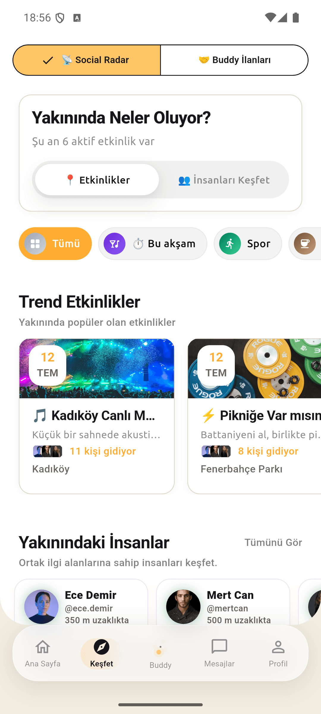 BuddyUp radar ekranı: yakındaki etkinlikler ve kişiler